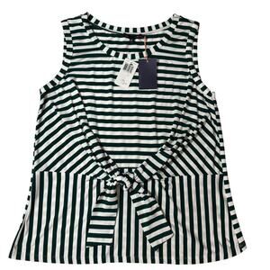 NWT SKIES ARE BLUE Top L Green White Stripe Sleeveless Tie Waist‎ Soft Knit